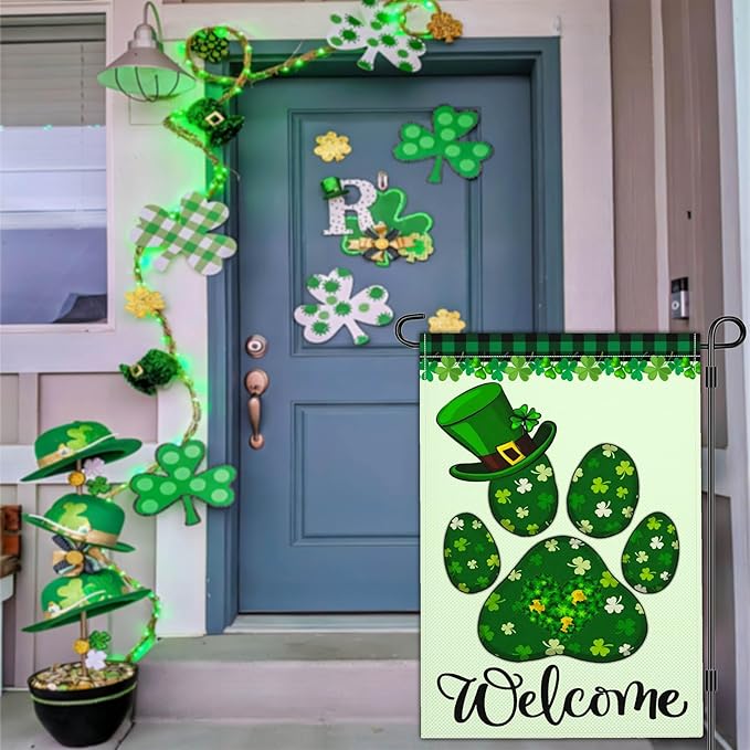 St Patricks Day Garden Flag Shamrock Lucky Irish Blessing Garden Flag Happy St Patrick's Day Yard Decor Garden Flags for Outside 12×18 Inch Double Sided Outdoor House Holiday Decorations