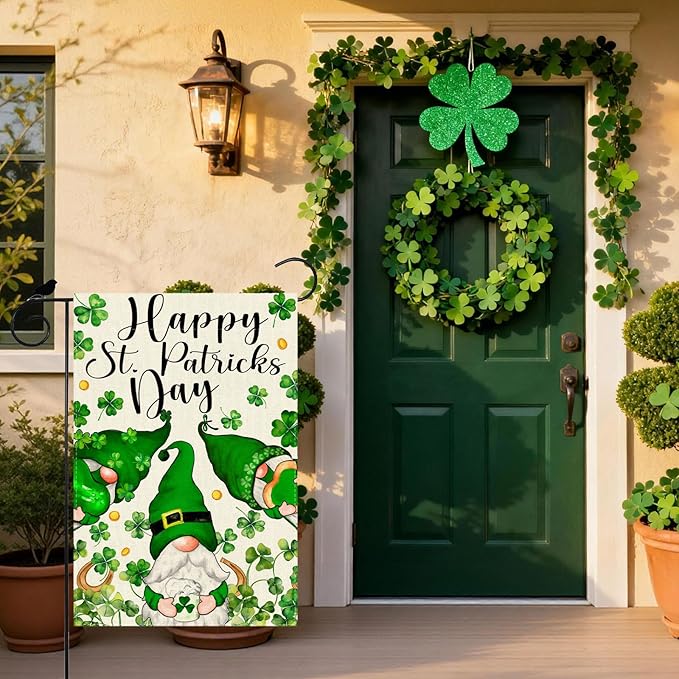 Gnomes Green Shamrocks Clovers St. Patrick's Day Garden Flag 12x18 Inch Double Sided Small Mini Yard Flag Outdoor Outside Holiday Party Decoration