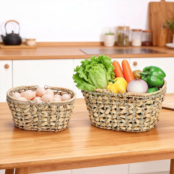 SOUJOY 2 Pack Wicker Picnic Basket with Handle, Natural Hand Woven Rattan Easter Baskets, 13" and 11" Nesting Gift Baskets for Outdoor, Camping, Garden, Wedding, Home Organization