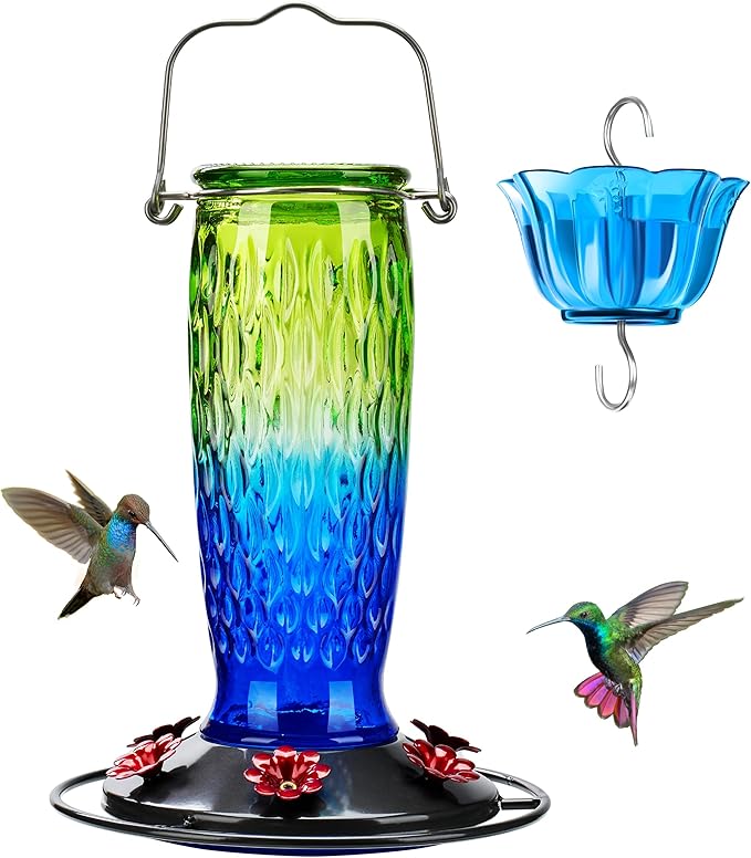Kingsyard Hummingbird Feeders for Outdoors Hanging, 24 Ounce, Glass Hummingbird Feeder with Ant Moat & 6 Bee Guard Feeding Ports, Leak-Proof, Green & Blue