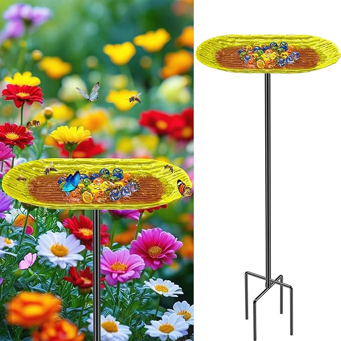 Bee Watering Station, Metal Butterfly Water Feeder with 30 Colorful Glass Marbles, Bee Waterer Feeder for Butterfly Bird Garden Outdoor Decors (Yellow Orange)