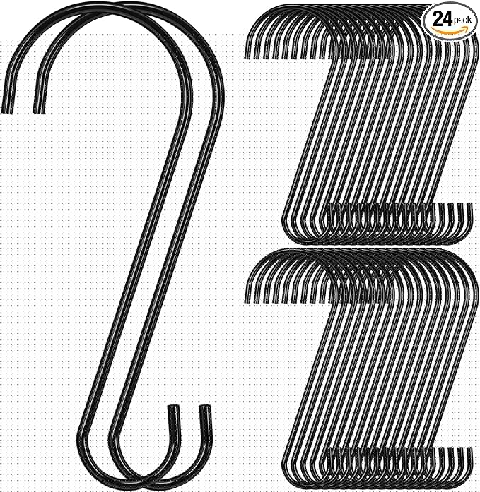 24 Pack 10 Inch Medium S Hooks for Hanging Plants & Closet Organization, Black Vinyl Coated Metal Hangers for Jeans Purses Towels Bird Feeders Heavy Duty Utility Metal Hooks