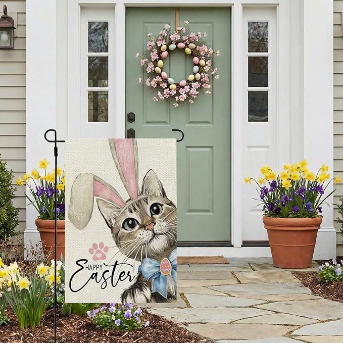 CROWNED BEAUTY Happy Easter Cat Garden Flag 12x18 Inch Double Sided for Outside Small Burlap Rabbit Ear Holiday Yard Decoration CF1729-12