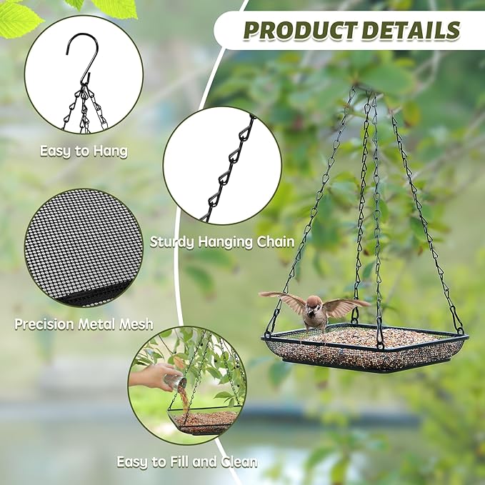 MIXXIDEA Hanging Bird Feeder Tray Metal Mesh Platform Seed Feeder with Durable Chains for Outdoors Garden Great for Attracting Birds (1 Pack)