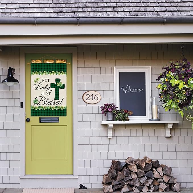 AVOIN colorlife Lucky Clover St Patricks Day House Flag Double Sided, Buffalo Plaid Rustic Farmhouse Shamrock Yard Outdoor Flag 28 x 40 Inch