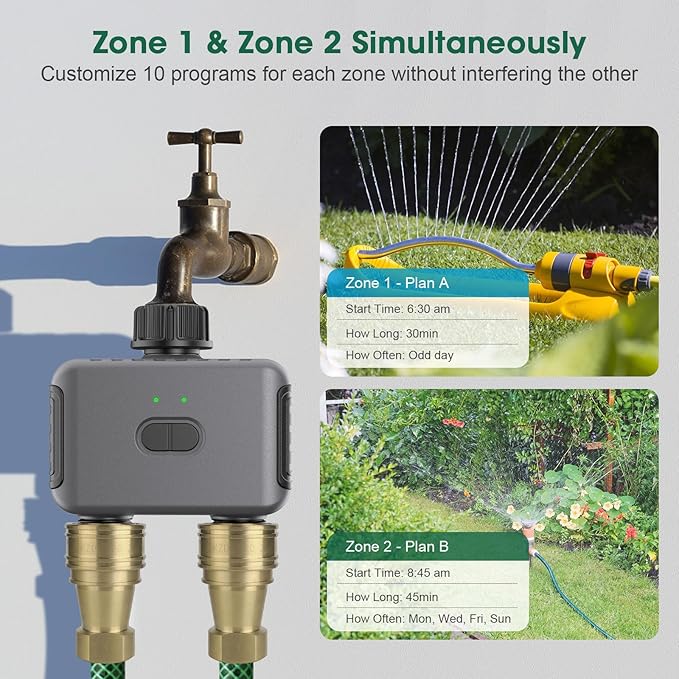 Haozee Zigbee Sprinkler Timer 2 Zone,Smart Water Timer for Garden Hose, Requires Zigbee 3.0 Hub,Support Home Assistant Zigbee2mqtt, Rain Delay and Manual Watering, Leakproof for Yard Lawn Watering