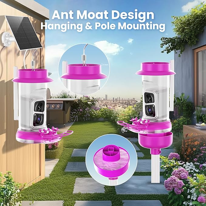 Soliom Hummingbird Feeder with Camera, Smart Feeder Camera with 2K Live View AI Identify, Leak Proof&Ant Moat&Bee Proof, Outdoor Pole/Hook Hanging, Ideal Gift for Family, 16 OZ with Solar Panel Pink