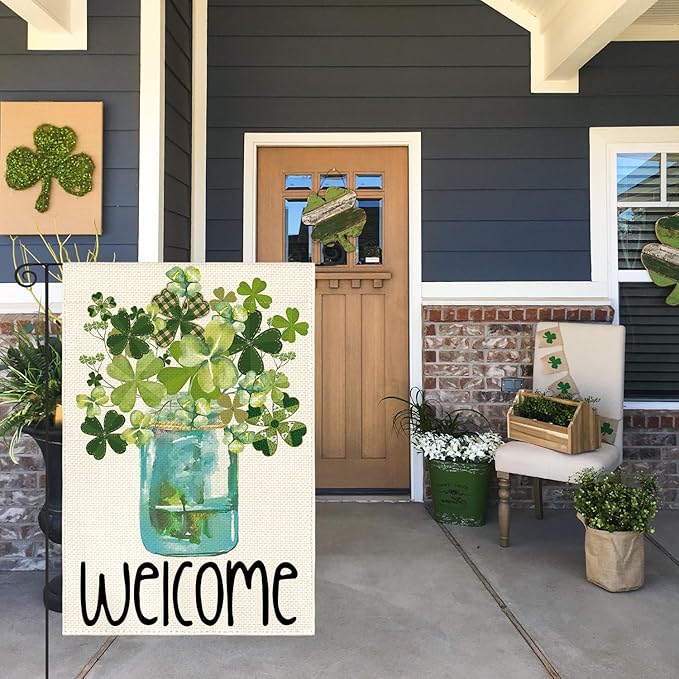 AVOIN colorlife Welcome Watercolor Lucky Clover St Patricks Day Garden Flag Double Sided, Shamrock Jar Yard Outdoor Flag 12x18 Inch