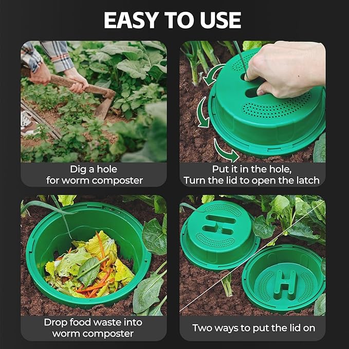 Warm Farm, 4-Pack 8L (2.11Gal) Inground Worm Composter, Outdoor Worm Compost Bin for Garden Beds & Home Use, Vermicomposting Bin for Beginners (9.5x9.5x10.8Inch), Green