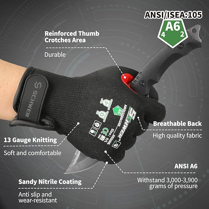 Schwer FreezeGuard Winter Work Gloves for Men and Women, ANSI A6 Cut Resistant Gloves With Super Grip, Freezer Glove for Work, Touchscreen, Thermal Insulated, PR3388, Black Knight (M, 2 Pairs)