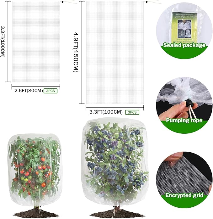 6 Pack Garden Netting for Plants 2.6x3.3ft - 3.3x4.9ft Mesh Fruit Tree Blueberry Pest Barrier Bug Netting with Drawstring 2-Size Insect Bird Netting for Tomato Vegetable Net