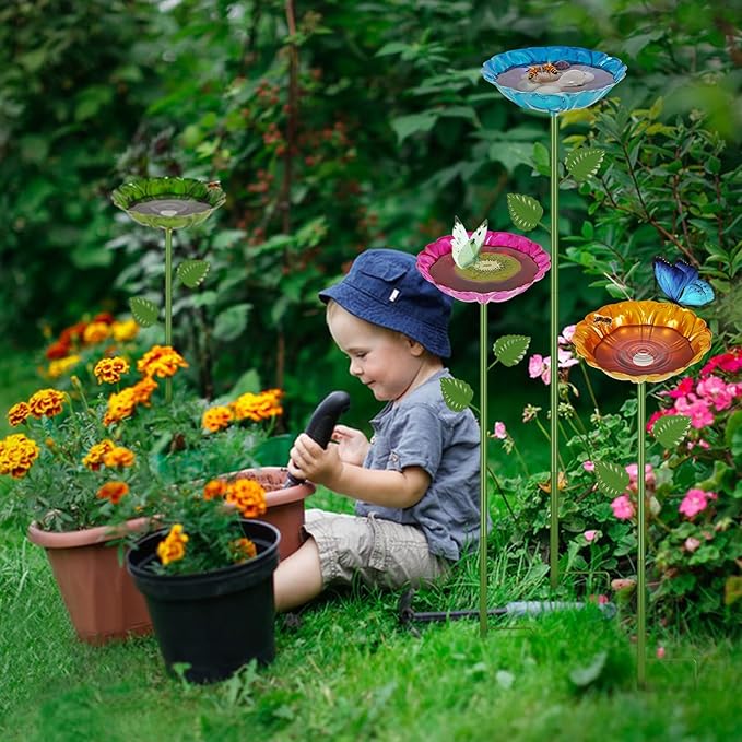 Bee Watering Station | 2 Pack Bee Baths for Garden | Metal Flowers Decorative Garden Stakes | Butterfly Feeder for Outside Garden Yard Decor (Blue,Yellow)