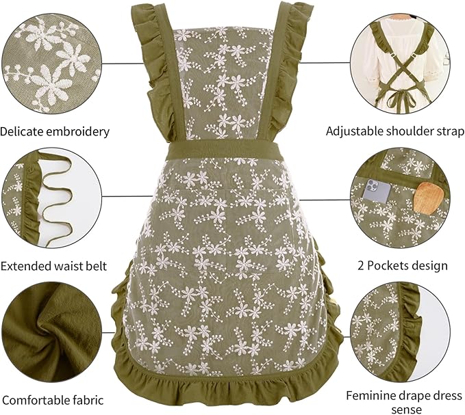 Vintage Pinafore Apron Dress for Women with Pockets Cute Floral Chef Aprons for Kitchen Cooking Baking Gardening