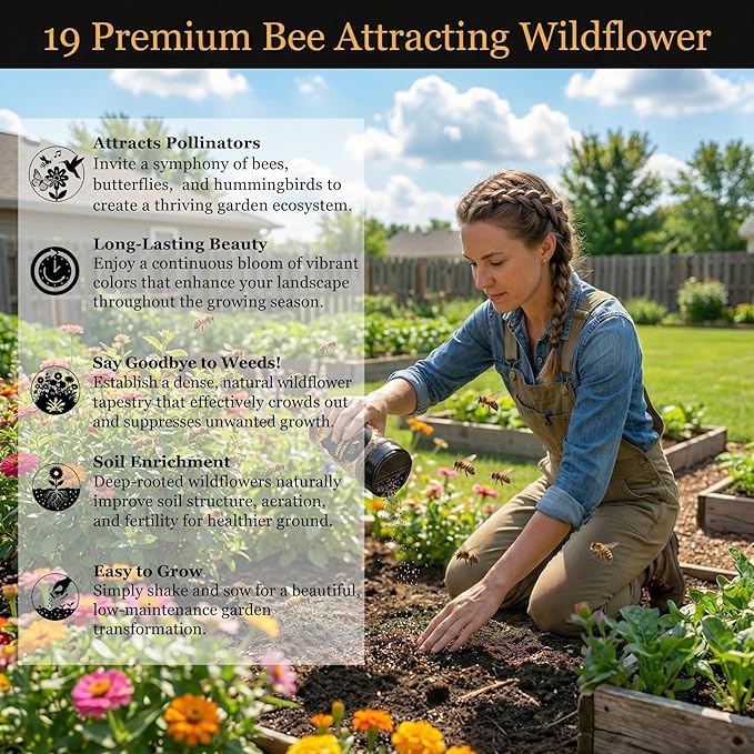 Mini Wildflower Seed Shaker – Honey Bee Wildflower Mix, by GevaGrow | Bulk 90,000+ Seeds | Pollinator Bee Attracting Flower Seeds for Planting in Pots & Outdoor Gardens | No Messy Packets