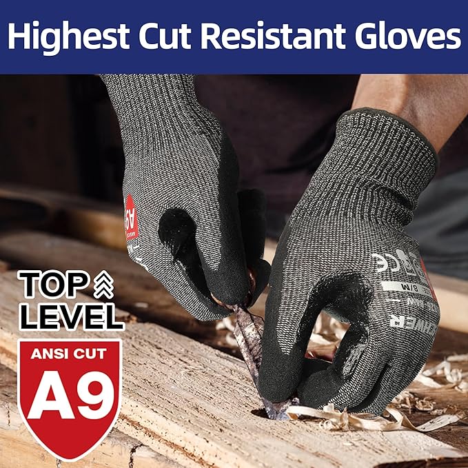 Schwer ProGuard Highest Level Cut Resistant Work Gloves PR3326 for Extreme Protection，ANSI A9 Cut Gloves with Reinforced Thumb, Non Slip, Durable, Touch-screen, Black 2 Pairs（L）