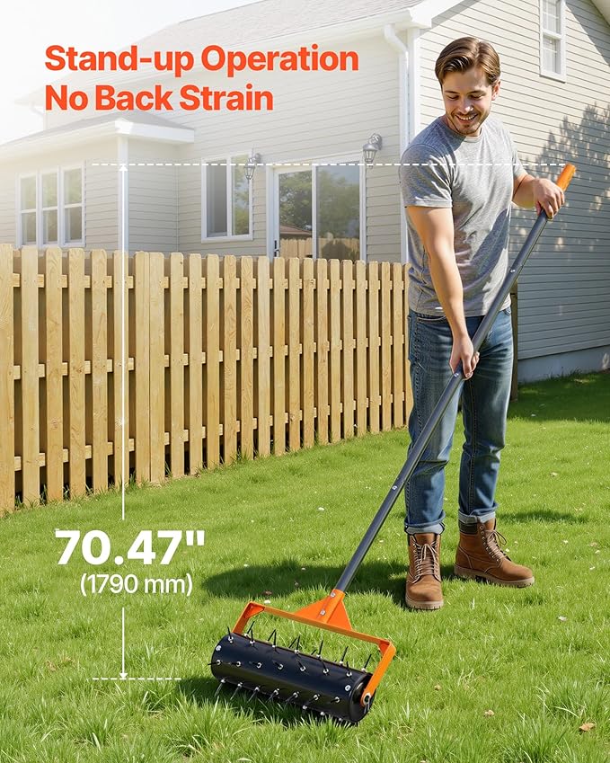 VEVOR Rolling Lawn Aerator, 15 in Manual Push Aerator Roller with 42 Spikes & 60 in Long Handle, Fillable Drum for Added Weight, Heavy-Duty Lawn Soil Penetrator for Garden Yard Compacted Soils
