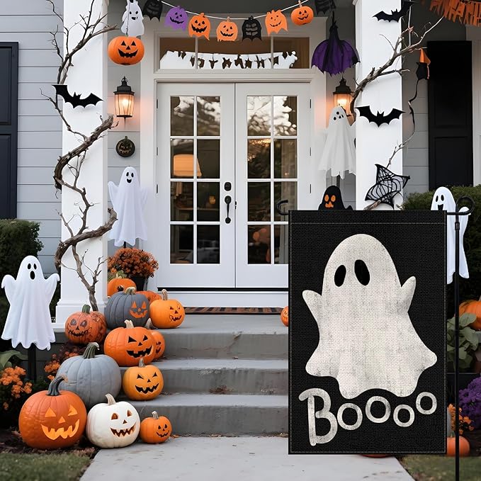 Halloween Ghost Garden Flag 12x18 Inch, Double Sided Holiday Burlap Yard Flag for Outdoor Decoration