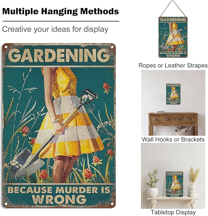 2Pcs Funny Garden Sign Gardening Because Murder Is Wrong Hoeing Ain't Easy Vintage Tin Plate Signs Garden Decor for Outside Yard, Backyard, Patio, Porch and Home Garden 8x12 Inch
