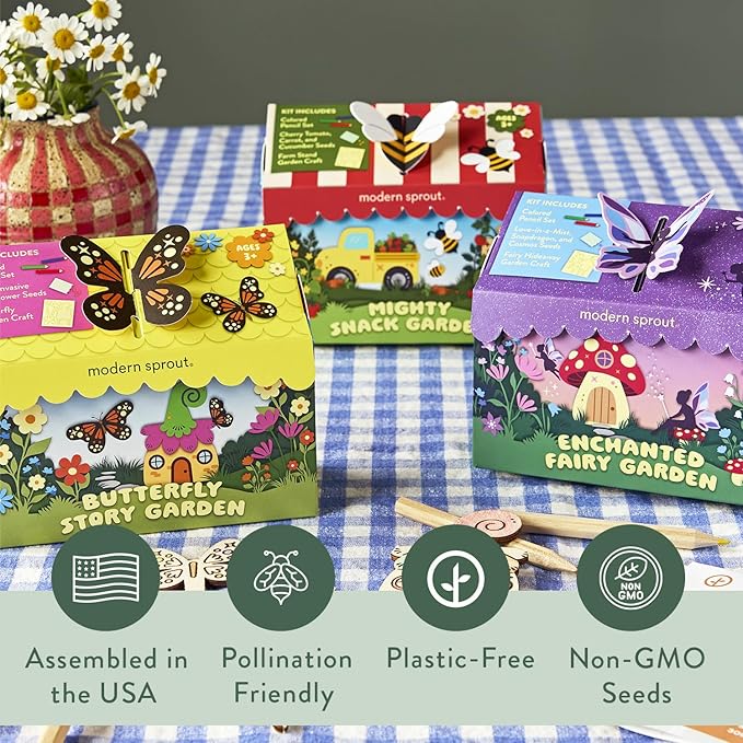 Modern Sprout Magical Minds Garden Kit - Seed Starter Kit w/Wooden Figurines, Wildflowers, Edible Plant Seeds - Easter Basket Essential - Kids Gardening Set for Learning & Play, Perfect Gardening Gift