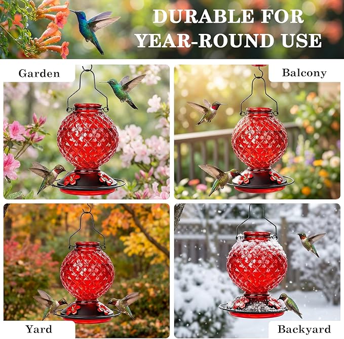 Glass Hummingbird Feeder for Outdoors Hanging, 2 Pack 25 OZ Humming Bird Nectar Feeder with 4 Bee Guard Feeding Ports & Built-in Ant Moat, Bird Feeder for Outside, Gifts for Women Mom, Red