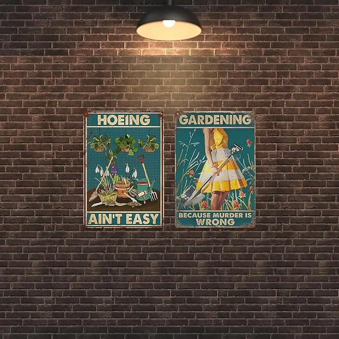 2Pcs Funny Garden Sign Gardening Because Murder Is Wrong Hoeing Ain't Easy Vintage Tin Plate Signs Garden Decor for Outside Yard, Backyard, Patio, Porch and Home Garden 8x12 Inch