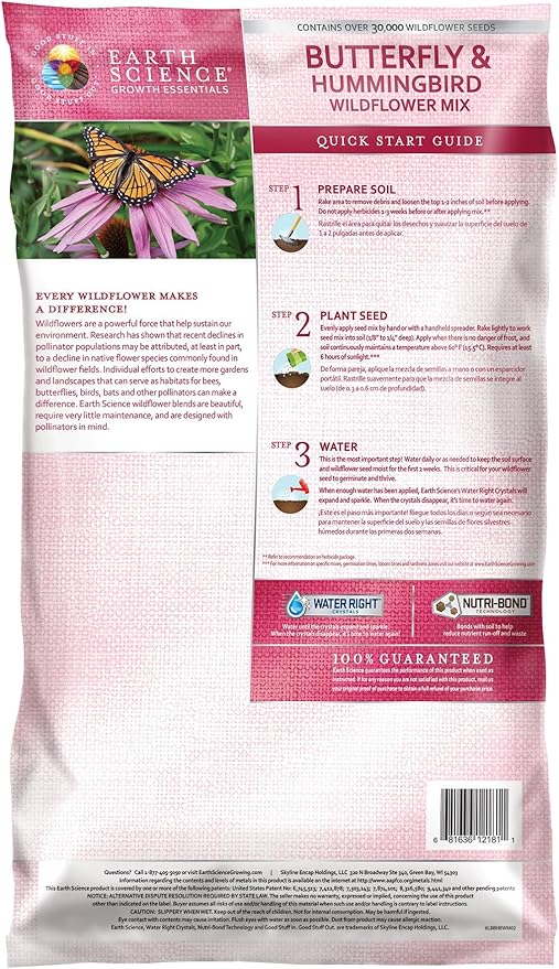 Earth Science Wildflower Butterfly & Hummingbird Mix—6 lb— 3-in-1 Premium Wildflower Seed, Plant Food and Soil Conditioners, Non-GMO for Bees, Hummingbirds, Butterflies, Pollinators