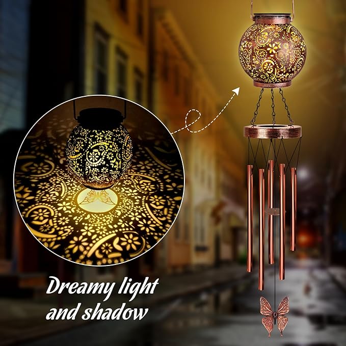 YHmall Solar Wind Chimes for Outside, Butterfly Birthday Gifts for Women Mom, Flower Solar Lantern Windchimes Outdoors, Hanging Memorial Wind Chimes for Garden Decor