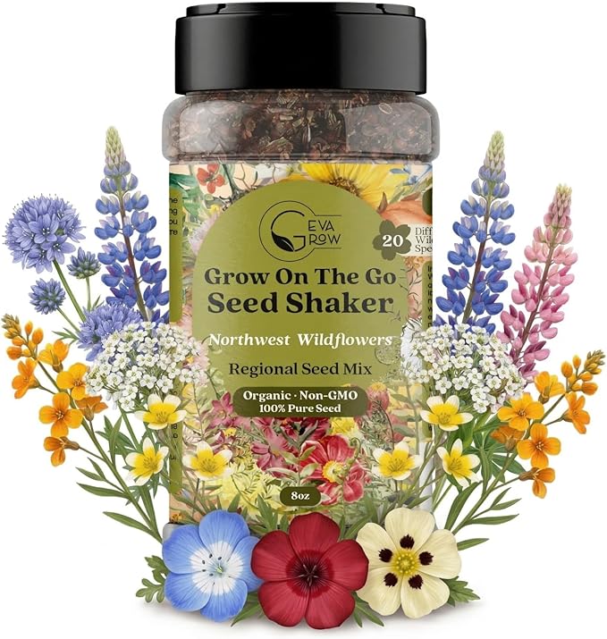 Geva Grow on the Go Seed Shaker - Northwest Wildflower Seeds Regional Mix - Organic, Non-GMO - 100% Pure Seed - 20 Different Wildflowers Seeds of Annual and Perennial, 8oz