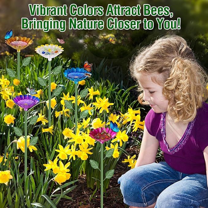 5 Pack Bee Watering Station, Metal Bee Feeder for Garden Flower Design Water Feeder for Outside Colorful Butterfly Bath Bowl for Thirsty Pollinators, Garden Yard Décor