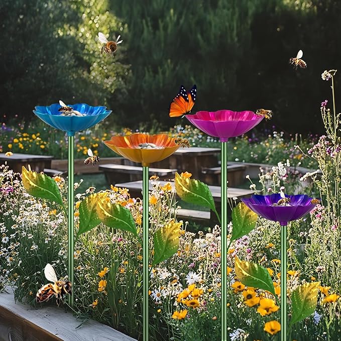 Bee Watering Station, 4 Pack Butterfly Drinking Station with Flower Design for Garden,Colorful Metal Flying Insects Feeder Baths for Outdoor Garden Yard Decor(Red,Blue,Yellow,Purple)