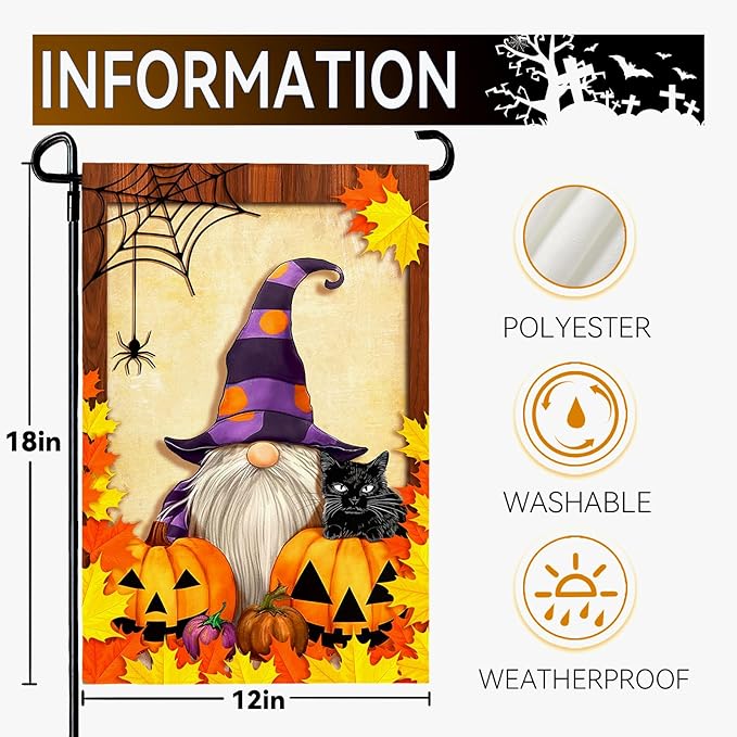 Fall Gnome Garden Flag Pumpkin Maple Leaf Garden Flags Seasonal Small Flag Double Sided Autumn Halloween Porch Patio Farmhouse Outdoor Decoration 12 x 18 Inch