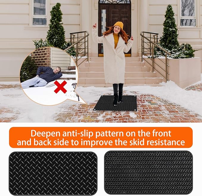 20 Inch x 30 Inch Heated Snow Melting Mat, Anti-Slip Outdoor Walkway Mat with Power Cord, Waterproof Outside Ice Melt Mat for Doorway Stair Step Path