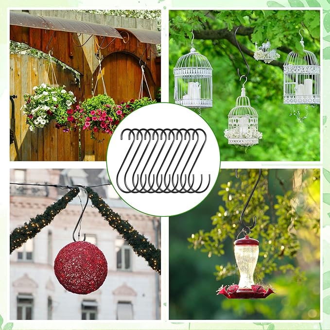 12 Pack 12 Inch S Hooks for Hanging Plants Black Metal Plant Hanger Outdoor Hanging Tree Hooks for Branch, Bird Feeder, Basket, Lantern, Indoor Closet Garden