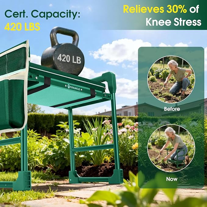 Garden Kneeler and Seat for Seniors: Heavy Duty 420 LBS Support Anti-Tip Multifunctional Gardening Stool Bench with Widened Thick Soft Kneeling Pad &Tool Bag - Foldable for Gardeners