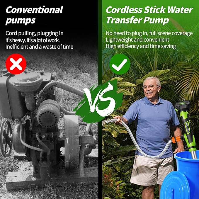 Cordless Stick Water Transfer Pump, Stick Transfer Pump 4.0Ah 21V Battery Powered Portable Water Pump, 720GPH, 33FT Head, Stick Pump Utility with 3/4" Outlet, for Pool/Garden/Rain Barrels