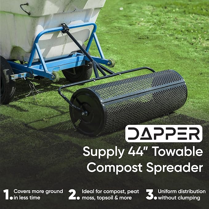 Compost Spreader 44 Inch Towable Peat Moss Spreader, Heavy Duty Rust-Resistant Steel Frame Roller Lawn Spreader for Top Soil, Manure, Mulch, Top Dressing - Garden Spreaders for Lawns
