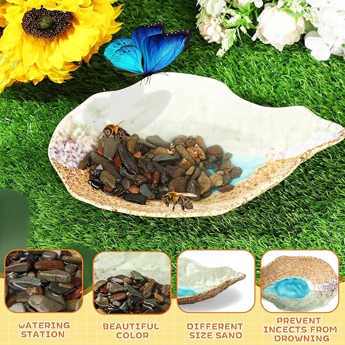 Butterfly Watering Station Outdoor Bee Feeder Watering Butterfly Puddler Stone with Mineral River Rock, Lawn Decoration Insects Ceramic Bowl, Bee Water Station Home Yard Garden