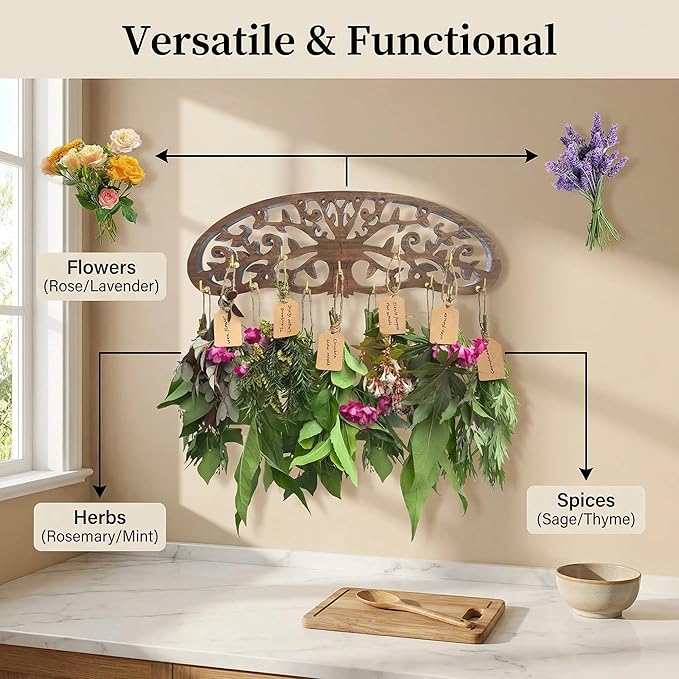Herb Drying Rack Hanging 2 Pack, Wall Mounted Wooden Flower Drying Rack and Wall Decor for Kitchen Witch, Rustic Apothecary Supplies, Over The Garden Wall Style