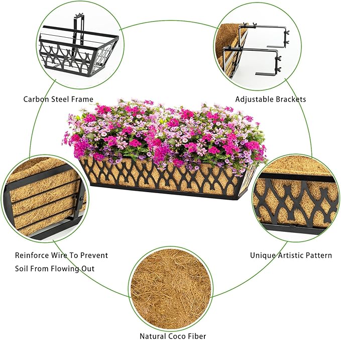 2 Pack 16 Inch Window Boxes Planters Railing Planter Box with Adjustable Brackets for Porch Fence Patio Balcony Hanging Flower Baskets with Coco Liners for Outdoor Garden Decor - Black