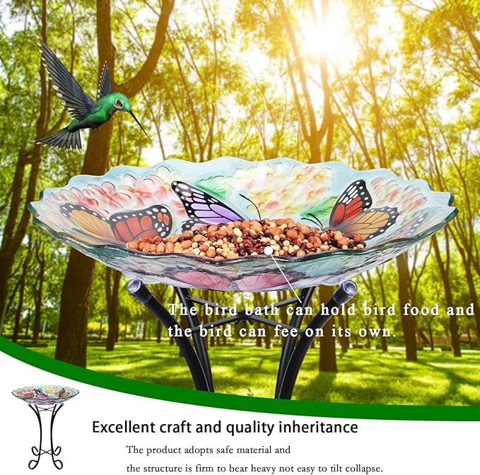 Glass Bird Bath Outdoor with Metal Stand for Lawn Yard Garden Decor Butterfly Bird Feeder