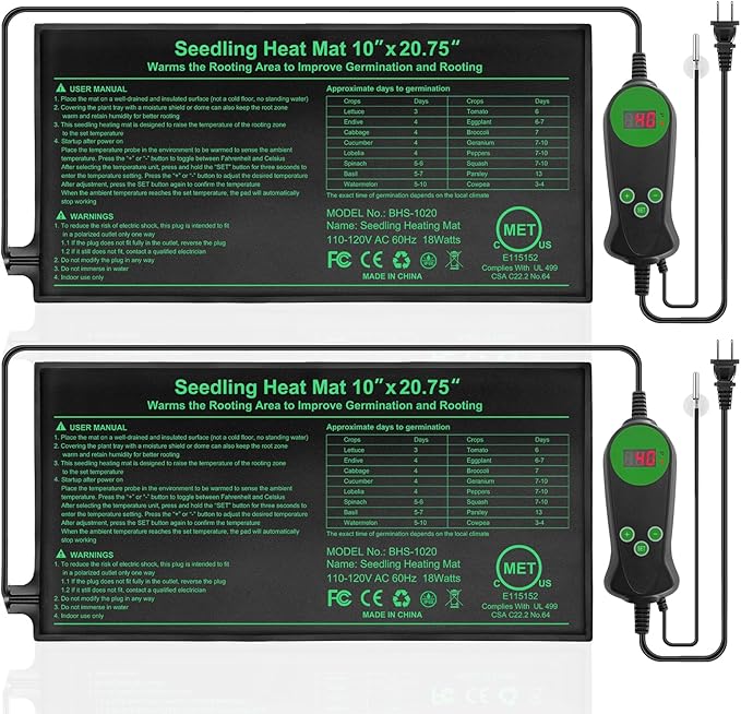 Bestio Thermostatic Seedling Heating Mat Set with Digital Thermostat, 10“ x 20.75” 2 Pack, UL and MET Approved, Waterproof Plant Heating Mat for Indoor Gardening Seed Starting, Hydroponics