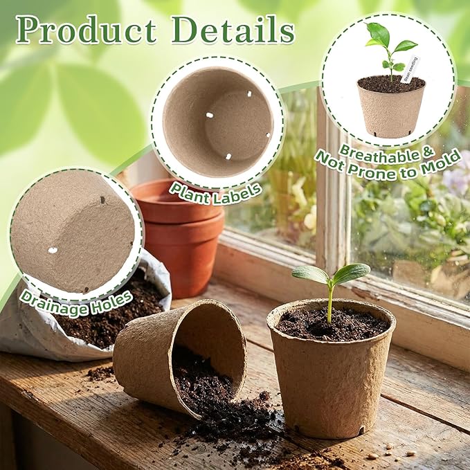 150 Pack Peat Pots for Seedlings 100 4-inch & 50 3.15-inch Round Biodegradable Seed Starter Pots with Drainage Holes for Garden Germination Nursery, Includes 150 Plant Labels & Planting Tools