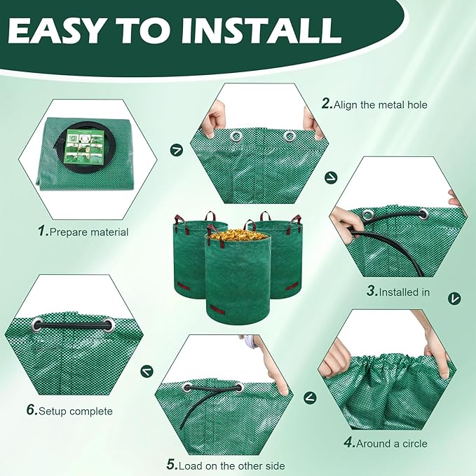 72 Gallons Reusable Yard Waste Bags, 3 Pack Lawn and Leaf Bags with Gardening Gloves, Heavy Duty Garden Waste Bags with 4 Reinforced Handles for Debris Leaves Grass