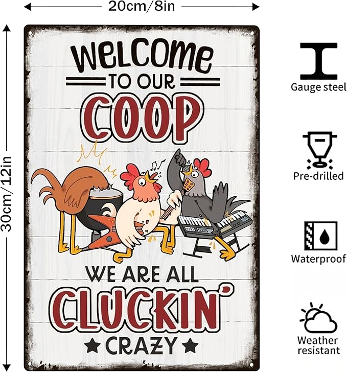 Welcome To Our Coop Funny Chicken Sign-Funny Metal Chicken Tin Sign for Home Farm Chicken Coop Farmhouse Kicthen Garden Decor 8 X 12 Inch