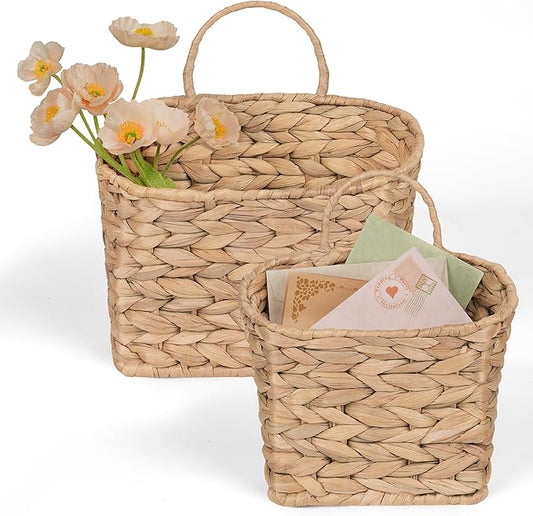 Set of 2 Hanging Basket, Wicker Wall Basket Natural Water Hyacinth, Hanging Baskets for Organizing and Decor, Storage Baskets for Door Mounted