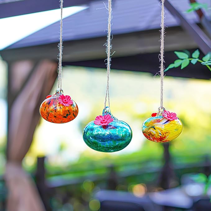 Set 3 Small Blown Glass Hummingbird Feeders for Outdoors Hanging with 2 Flower Feeding Ports 3inch Glass Humming Bird Feeders Garden Decor for Outside