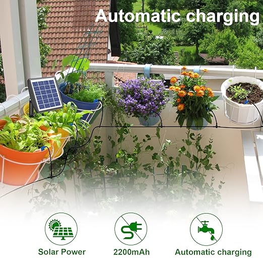 RISINGUP 49FT Solar Drip Irrigation System, Auto Plant Watering Kit with Anti-Siphoning Device 750ml/min Flow with 2200mAh Battery, for 15 Potted Plants Outdoor Garden, Patio, Balcony, Greenhouse