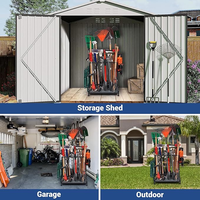 Garden Tool Organizer, Yard Tools Rack Holds 55 Long-Handled Tools/Rakes/Brooms for Garage Organization and Storage, Shed, Outdoor, Lawn, Heavy-Duty Steel, Black, Easy Assembly