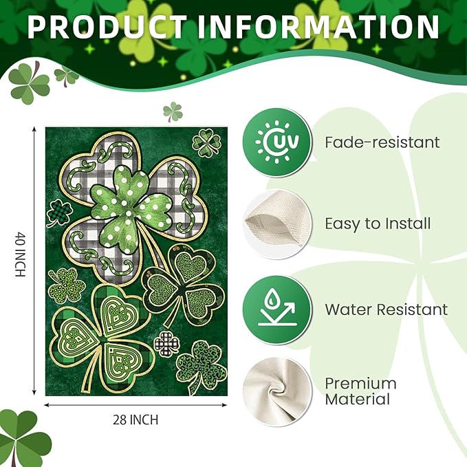 St Patricks Day House Flags for Outdoor Decoration, Irish Celtic Shamrocks Large Yard Flag,Seasonal Spring Decorative Decor for Holiday Anniversary Celebration Outside 28x40 Inch Double Sided