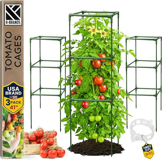 Tomato Cage Square - Large Trellis Stakes and Plant Support Structures for Vegetables and Climbing Plants - Tall Tomato Cages for Garden, Pots, Raised Garden Bed Outdoor Supplies (3 Pack - Up to 41")